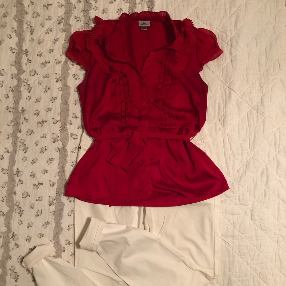 Red tie waist satin top with ruffle detail - M